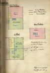 Grundriss des Zweiten Stocks sowie des unteren und Oberen Dachbodens für einen Teilungsplan zwischen den Hausbesitzern Friedrich Küstner (rosa) und Gottfried Bauers Witwe (grün), 1877 (gemeinschaftlicher Besitz: gelb) (StadtA SHA 19/0510, Beil. 20-2)