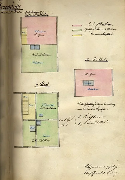 Grundriss des Zweiten Stocks sowie des unteren und Oberen Dachbodens für einen Teilungsplan zwischen den Hausbesitzern Friedrich Küstner (rosa) und Gottfried Bauers Witwe (grün), 1877 (gemeinschaftlicher Besitz: gelb) (StadtA SHA 19/0510, Beil. 20-2)