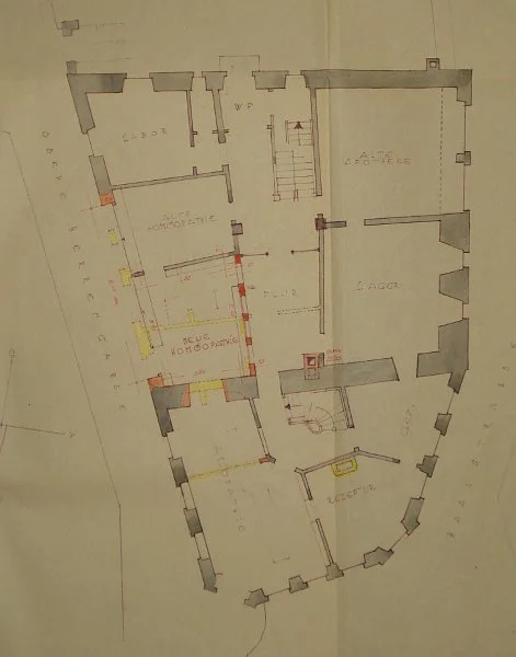 Umbau der Geschäftsräume im Erdgeschoss: Grundriss mit den geplanten Veränderungen, 1952 (Baurechtsamt Schwäb. Hall, Bauakten)