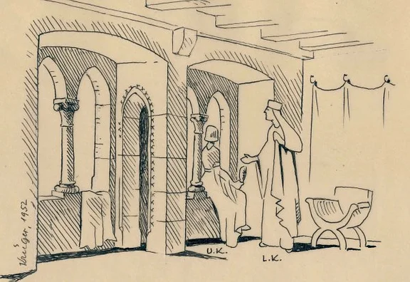 Rekonstruktion der 1936 freigelegten Biforien an der Nordseite des „Unteren Hauses“ von Eduard Krüger, 1952, bez. als „Saal des Reichsschultheißenhauses“ (StadtA Schwäb. Hall  S22/0662)