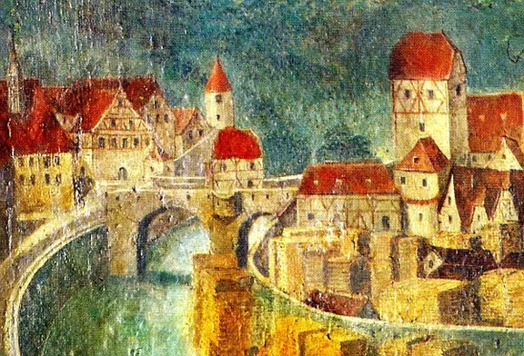 Ausschnitt aus dem Gemälde  von Hans Schreyer im Haalamt (Im Haal 2), 1643. Das Brückenwächterhaus wird hier als zweistöckiges Fachwerkgebäude dargestellt, weiterhin sind die Wehrgänge an der  Brücke sowie der hoch aufragende Brückentorturm mit einem Fachwerkaufsatz erkennbar