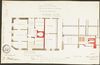 Grundriss und Schnitt zum Baugesuch des Bäckers Johann Waldmann für einen Backofen im Erdgeschoss, 1877.Der Backofen ist rot eingezeichnet (Stadt Schwäb. Hall, Baurechtsamt, Bauakten Neustetterstraße 20)