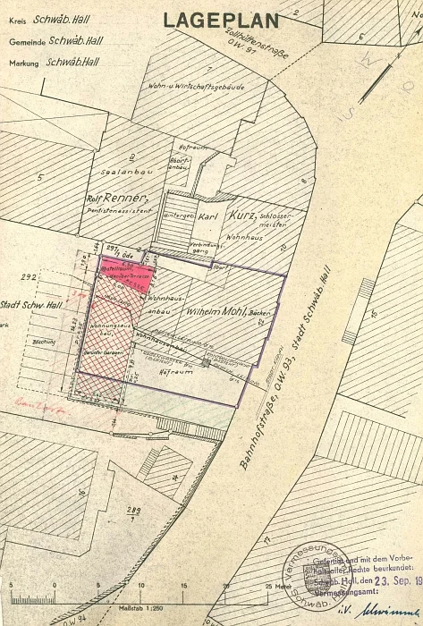 Aufstockung und Erweiterung des Hauses, 1953: Lageplan (Baurechtsamt SHA, Bauakten Bahnhofstraße 12)