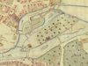 Ausschnitt aus dem Stadtplan von 1816. Vom Stollen sind nur der Einlauf am Südostende und der Auslauf am Nordwestende dargestellt. Das Mühlrad scheint frei über dem Triebwasserstollen zu stehen (StadtA Schwäb. Hall 16/69)