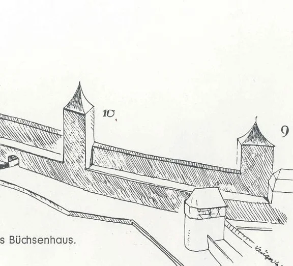Rekonstruktion der Stadtbefestigung im Bereich des sog. Kurzen Grabens, der Hezennestturm ist mit der Nr. 10 bezeichnet. Aus Eduard Krüger: Die Stadtbefestigung von Schwäbisch Hall, Schwäbisch Hall 1966, S. 60