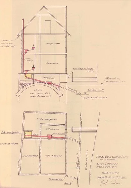 Schnitt und EG-Grundriss zum Anschluss an die Kanalisation, 1958  (Baurechtsamt Schwäb. Hall, Bauakten)