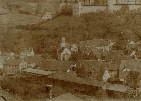 Ausschnitt aus einem Vorlagenfoto aus dem Bestand des Schwäbisch Haller Postkartenverlags Seyboth, um 1900. Fotograf nicht genannt (StadtA Schwäb. Hall Seyboth F 0101)