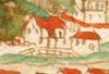 Ausschnitt aus einer kolorierten Federzeichnung von Unterlimpurg in einer Haller Chronik, um 1600. Das Haus ist rechts zu erkennen, links davon die frühere Nr. 9 (AOK, heute Nr. 11) (StadtA Schwäb. Hall 4/4, Bl. 10)