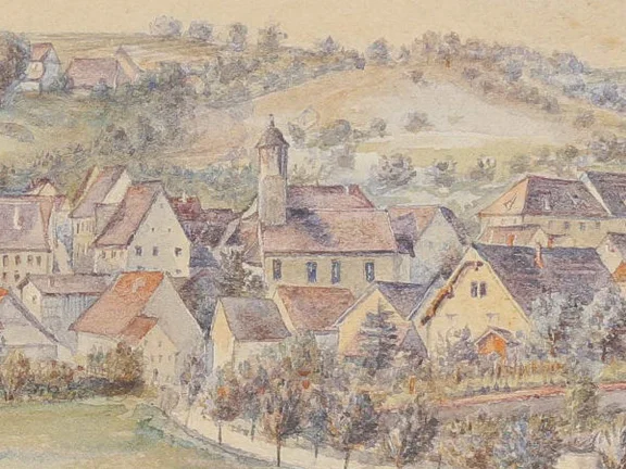 Ausschnitt aus einem Gemälde der Comburg mit Steinbach von J. Berger, 1895 (StadtA Schwäb. Hall S10/2246)