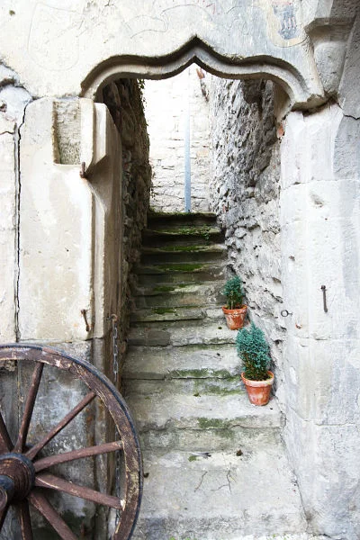 Pforte mit den Wappen Hermann Büschlers und seiner ersten Ehefrau Anna Hornberger im Hinterhof, Oktober 2016. Foto: Dietmar Hencke (StadtA Schwäb. Hall DIG 08357)