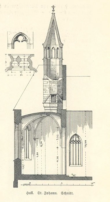 Schnitt durch den Chor mit Aufmaßen. Aus: Eugen Gradmann (Hrsg.): Die Kunst- und Altertums-Denkmale der Stadt und des Oberamtes Schwäbisch-Hall, Esslingen 1907, S. 54