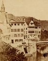 Ausschnitt aus der vermutlich ältesten Fotografie der Henkersbrücke, aus einer 1862 durch den Buchbinder und Verleger Wilhelm German sen. veröffentlichten Mappe mit Schwäbisch Haller Ansichten. Der Fotograf ist unbekannt (StadtA Schwäb. Hall FS 52661)