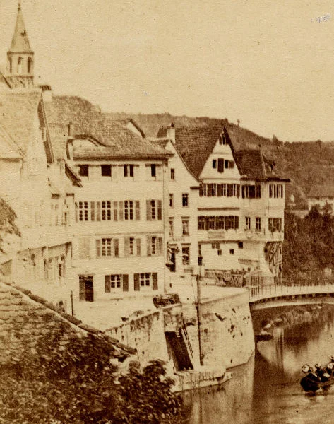 Ausschnitt aus der vermutlich ältesten Fotografie der Henkersbrücke, aus einer 1862 durch den Buchbinder und Verleger Wilhelm German sen. veröffentlichten Mappe mit Schwäbisch Haller Ansichten. Der Fotograf ist unbekannt (StadtA Schwäb. Hall FS 52661)