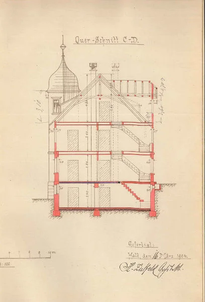 Pläne für den Neubau des Hauses von 1904: Querschnitt (Stadt Schwäb. Hall, Baurechtsamt, Bauakten Johanniterstraße 17/1)