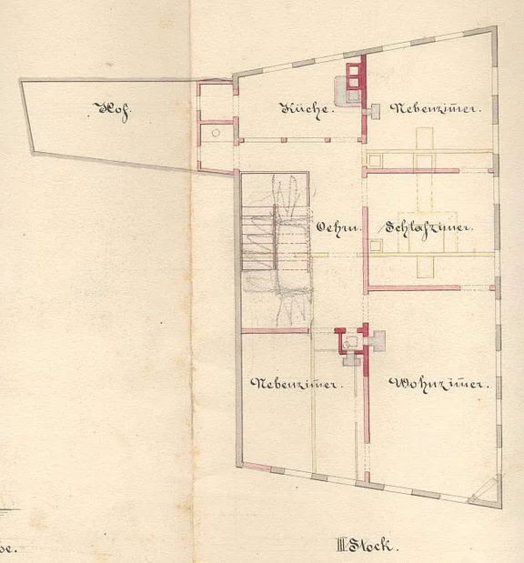 Grundriss des 2. Obergeschosses (hier als III. Stock bez.) für den geplanten Einbau einer Metzgerei und Weinwirtschaft durch Carl Canz, 1867 (StadtA Schwäb. Hall 21/1902)