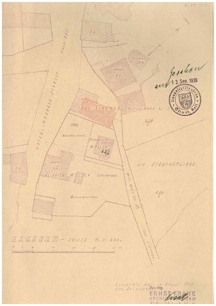 Lageplan aus dem Bauantrag zur Renovierung des „Sterns“ von 1938 (Baurechtsamt Schwäb. Hall, Bauakten Unterlimpurger Straße 61)