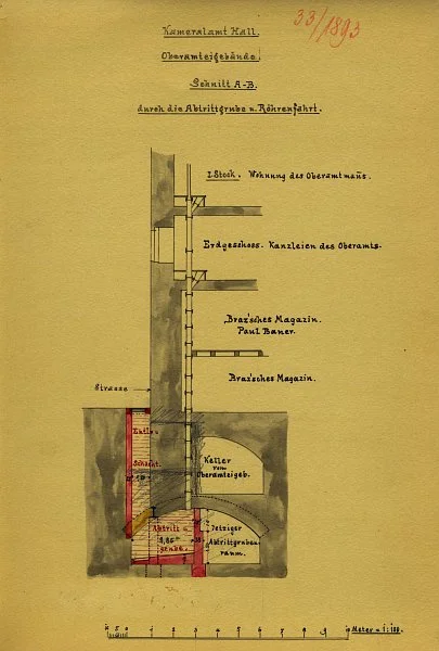 Schnittzeichnung von 1893 für den Bau eines „Abtritts“ (Toilette) (Baurechtsamt Schwäb. Hall, Bauakten Am Markt 7/8)