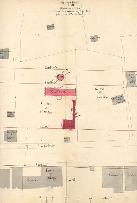 Lageplan zum Bau eines Wirtschafts- und Wohngebäudes durch Heinrich Weber, 1875 (Baurechtsamt SHA, Bauakten Langer Graben 13 und 13/1)