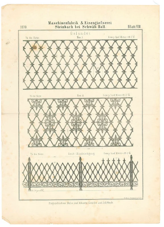 Fragment eines Produktkatalogs der Firma Waelde, Kade & Erath von 1870: „Blatt VIII“ mit weiteren gusseisernen Geländern (StadtA Schwäb. Hall R116/7)