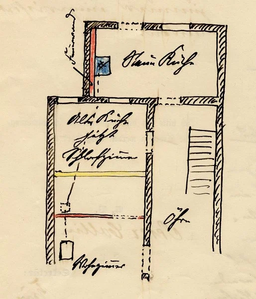 Skizze zu einem Umbau im Erdgeschoss (?), 1909: Aus der Küche wird ein Schlafzimmer (Baurechtsamt Schwäb. Hall, Bauakten)