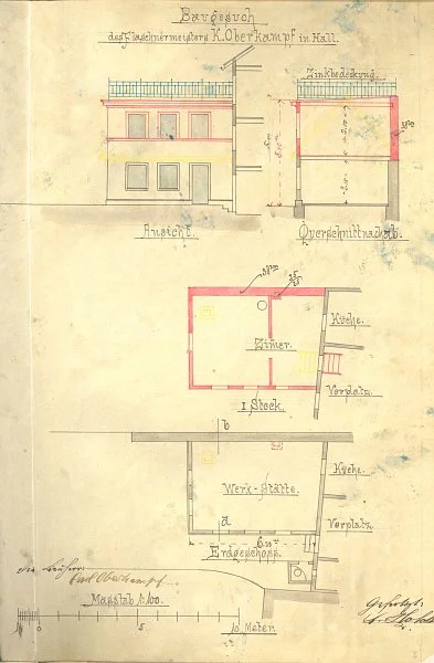 Ansicht, Schnitt und Grundrisse mit geänderter Planung für die Erstellung eines Werkstattanbaus an der Rückseite des Haupthauses, 1880 (Baurechtsamt SHA, Bauakten)