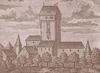 Der „Hezel-Turm“ ist hier links neben dem hochaufragenden Gelbinger Tor zu erkennen. Undatierter Kupferstich, 18.Jahrhundert (StadtA Schwäb. Hall FS 45195)