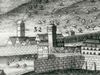 Ausschnitt aus einer Ansicht der zerstörten Stadt nach dem Großen Stadtbrand vom 31. August 1728, der „Schreyer-Turm“ ist hier schräg links hinter dem Josenturm zu sehen. Kupferstich von A. Nunzer nach Vorlage von J. P. Meyer, 1728 (StadtA SHA FS 36334)