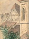 Rückseite des Hauses im 19. Jahrhundert. Ausschnitt aus einer Zeichnung von Peter Koch, 1875 (StadtA Schwäb. Hall FS S10/305)