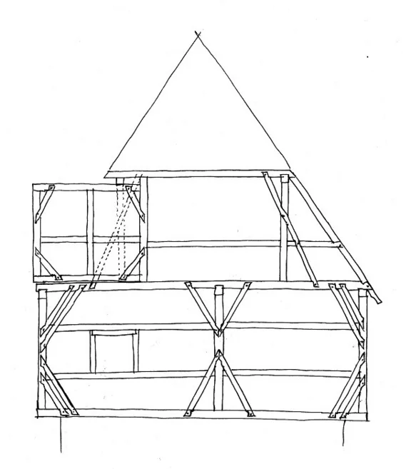 Rekonstruktion des Fachwerks im rückwärtigen Giebel  (ursprünglicher Zustand). Zeichnung: Albrecht Bedal (StadtA SHA Server Häuserlexikon)