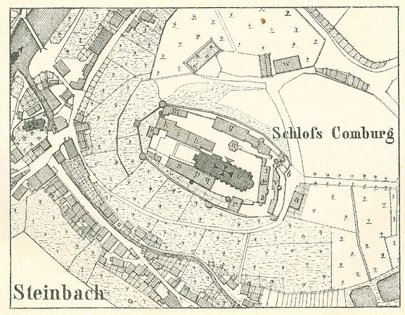 Plan der Comburg. Aus: H. Müller: Schloß Großcomburg, die Wiege des Vaters Seiner Majestät des Königs Wilhelm II von Württemberg, Seiner Kgl. Hoheit des Prinzen Friedrich. Beschreibung der dortigen Staatsgebäude und ihrer Sehenswürdigkeiten. Mit Benützung amtlicher Quellen und Erlaubnis der vorgesetzten Behörden verfasst, Stuttgart 1894