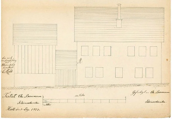 Ansicht der nördlichen Längsseite zum Einbau einer „Gaskraftmaschine“ und iner Schmiedewerkstatt in der hinter dem Haus gelegenen Scheuer, 1873 (StadtA Schwäb. Hall 27/506)