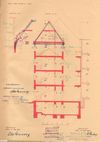 Schnitt durch den hinteren Teil des Neubaus von 1935 mit dem dort befindlichen Lichthof mit eingezeichneten Korrekturen (blau) und Baulinien des Altbaus (gelb) (Baurechtsamt SHA, Bauakten)