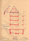 Schnitt durch den hinteren Teil des Neubaus von 1935 mit dem dort befindlichen Lichthof mit eingezeichneten Korrekturen (blau) und Baulinien des Altbaus (gelb) (Baurechtsamt SHA, Bauakten)