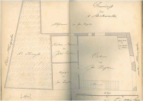 Grundriss des „I Stockwerks“ (= Erdgeschoss) auf einem Teilungsplan der Hausbesitzer A. Krauß und J. Ziegler, 1870 (StadtA Schwäb. Hall  19/1065, Nr, 21)
