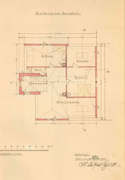 Grundriss des Dachstocks aus den Plänen für den Neubau, 1903 (StadtA Schwäb. Hall 27/528).