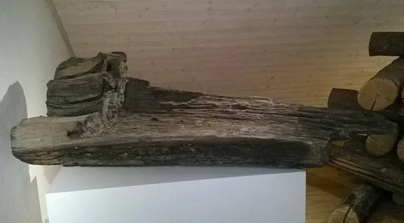 Rest eines keltischen Soletrogs in der Salzabteilung des Hällisch-Fränkischen Museums, August 2016. Die nach Stuttgart gebrachten Funde wurden im Zweiten Weltkrieg zerstört. Foto: Daniel Stihler (StadtA Schwäb. Hall DIG 08303)