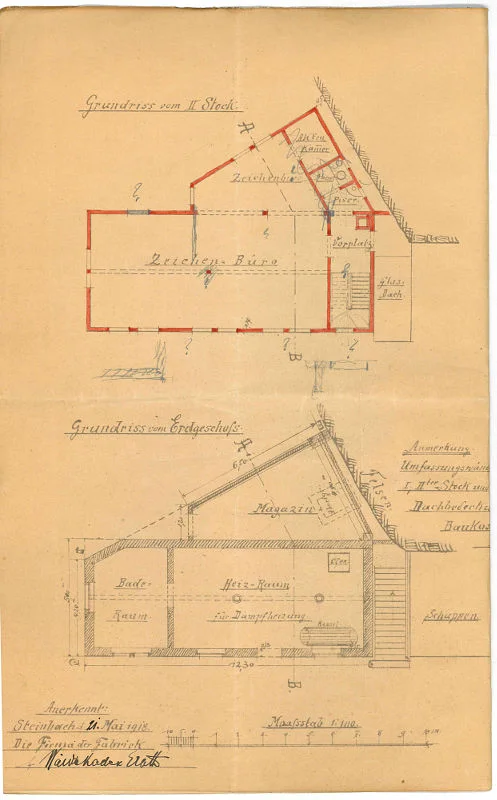 Grundrisse des Erdgeschosses und II. Stocks für den Neubau des Kontorgebäudes, 1919. Im II. Stock befand sich demzufolge ein „Zeichen-Büro“ (Baurechtsamt Schwäb. Hall, Bauakten Mühlweg 6)