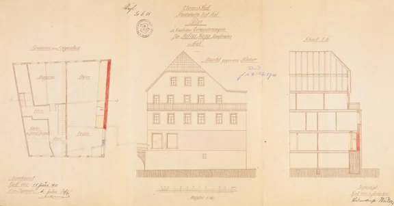 1911 legte Julius Kapp erneut Umbaupläne vor, die eine Verbreiterung der Ladenfläche durch Beseitigung eines Teils der alten Stadtmauer vorsahen. Auch sie wurden offenbar nur teilweise umgesetzt (Stadt Schwäb. Hall, Baurechtsamt, Bauakten Neue Straße 29-33)