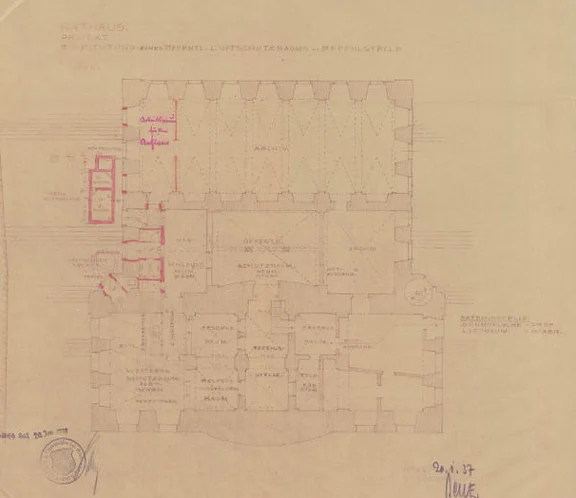 Plan zu Umbauten im Untergeschoss des Rathauses, 1937 (StadtA Schwäb. Hall 27/461)