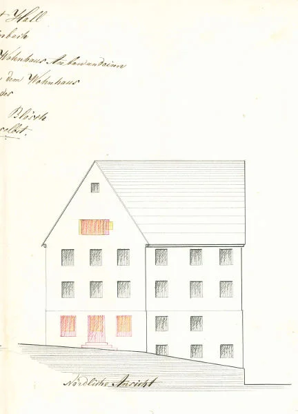 „Nördliche Ansicht“ von 1864, für Umbauten am Wohnhaus der Bachmühle (StadtA Schwäb. Hall 27/550)