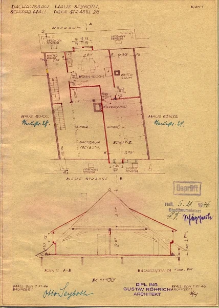 Schnitt und Plan zum Einbau einer Wohnung im Dachgeschoss des Hauses, 1946 (Stadt Schwäb. Hall, Baurechtsamt, Bauakten)