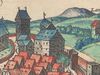 Ausschnitt aus der Stadtansicht in dem Buch „Civitates Orbis Terrarum“ von Georg Braun und Franz Hogenberg, um 1580. Der Torturm ist in der linken Bildmitte neben dem Chor von St. Michael zu erkennen (StadtA Schwäb. Hall S10/0506)