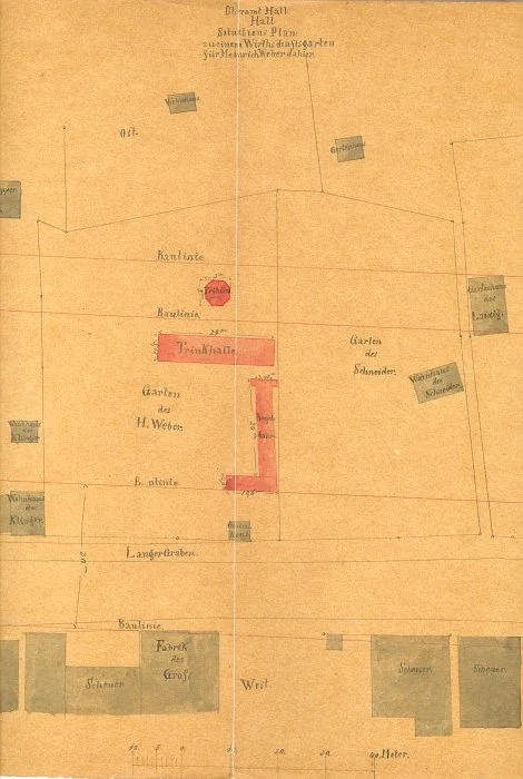 Grundriss zur Gartenwirtschaft des Heinrich Weber, 1874 (Baurechtsamt SHA, Bauakten Langer Graben 13 und 13/1)