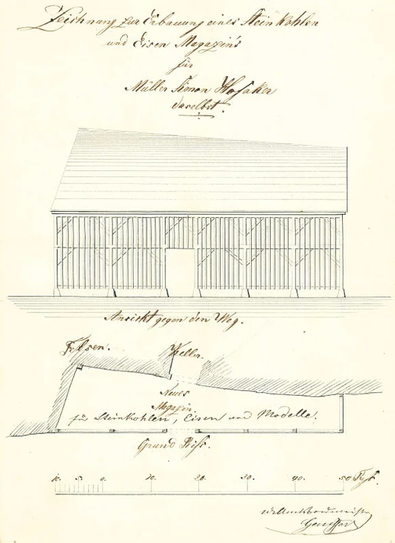 Grundriss und Ansicht des Kohlenschuppens, 1862. Auf dem Grundriss ist der Eingang in den heute noch vorhandenen Keller erkennbar (StadtA Schwäb. Hall 27/537)