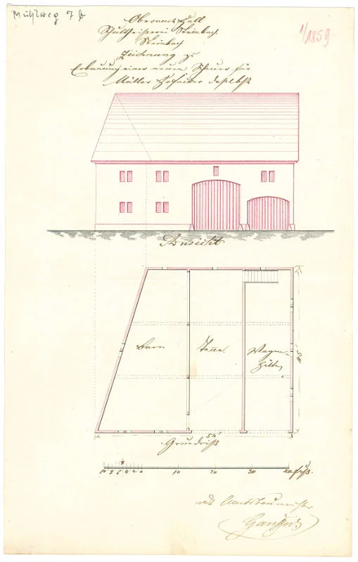 Grundriss und Ansicht der für einen Neubau abzubrechenden Scheuer, 1859 (StadtA Schwäb. Hall 27/538)