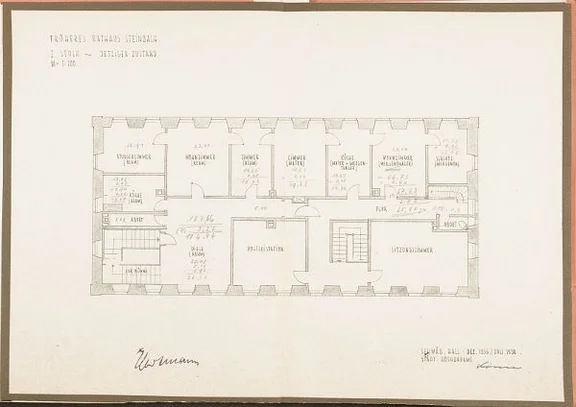 Plan des alten Bauzustands im Obergeschoss zum Einbau von Wohnungen, 1958. Hier befanden sich u.a. die Polizeistation der Gemeinde und das Sitzungszimmer des Gemeinderats (Baurechtsamt Schwäb. Hall, Bauakten)
