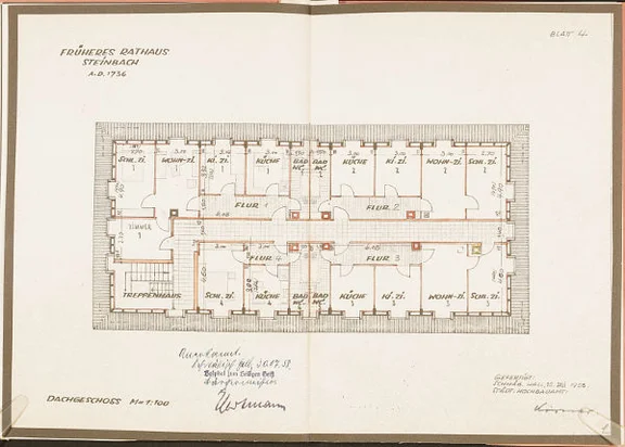 Plan der Wohnungen im Dachgeschoss, 1958 (Baurechtsamt Schwäb. Hall, Bauakten)