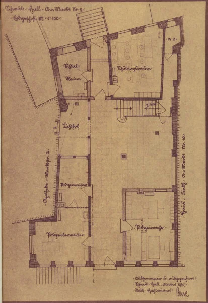 Undatierter Grundriss des zu dieser Zeit als städtische Polizeiwache dienenden Erdgeschosses, ca. 1939-1941 (Stadt Schwäbisch Hall, Baurechtsamt, Bauakten Am Markt 9)