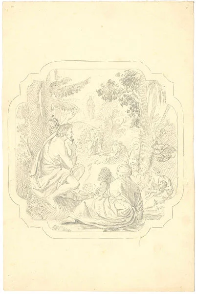 Die Predigt Johannes des Täufers, Nachzeichnung eines 1905 übermalten Deckengemäldes in der Kirche, undatiert, wohl 1850er Jahre (StadtA Schwäb. Hall Z01/A0138)