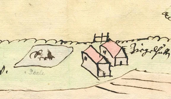Skizze um 1695. Deutlich erkennbar ist das „Seele“, der bis zum Ende des 19. Jahrhunderts vorhandene See bzw. Weiher (StadtA SHA 10/309)